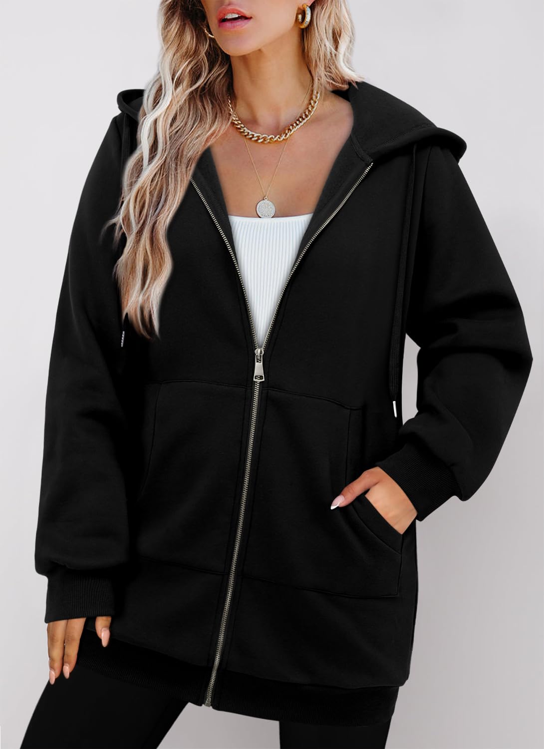 StunShow Womens Hoodies Black Zip Up Hoodie Women Y2k Oversized Casual Sweatshirts for Teen Girls 2023 Fall Jacket With Pocket Black M