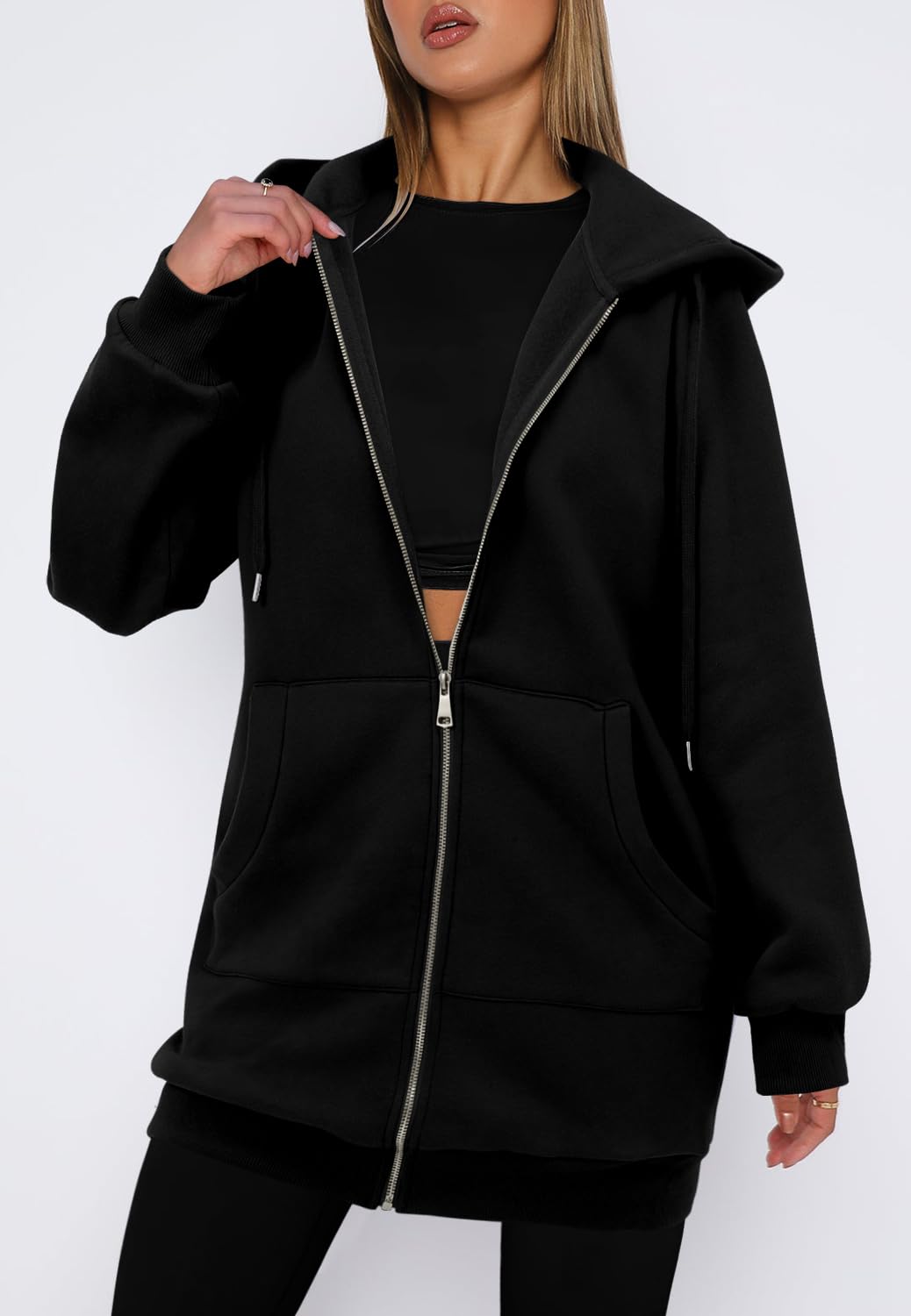 StunShow Womens Hoodies Black Zip Up Hoodie Women Y2k Oversized Casual Sweatshirts for Teen Girls 2023 Fall Jacket With Pocket Black M