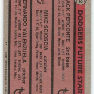 1981 Topps #302 Jack Perconte/Mike Scioscia/Fernando Valenzuela Dodgers Rookies EX/NM RC Rookie Los Angeles Dodgers Baseball