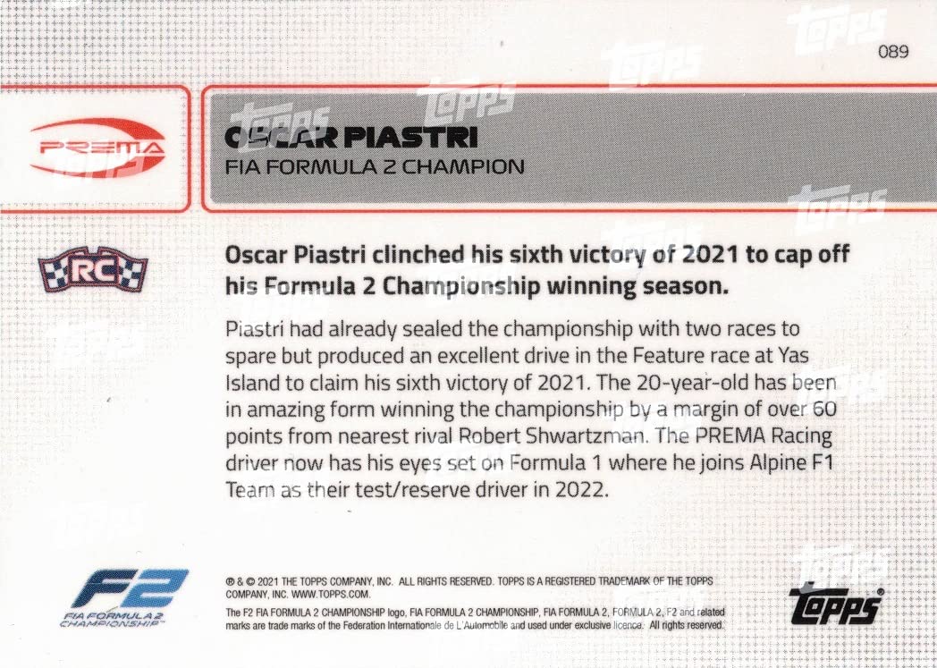 2021 F2 Racing F1 Topps Now #89 Oscar Piastri Rookie Card - FIA Formula 2 Champion