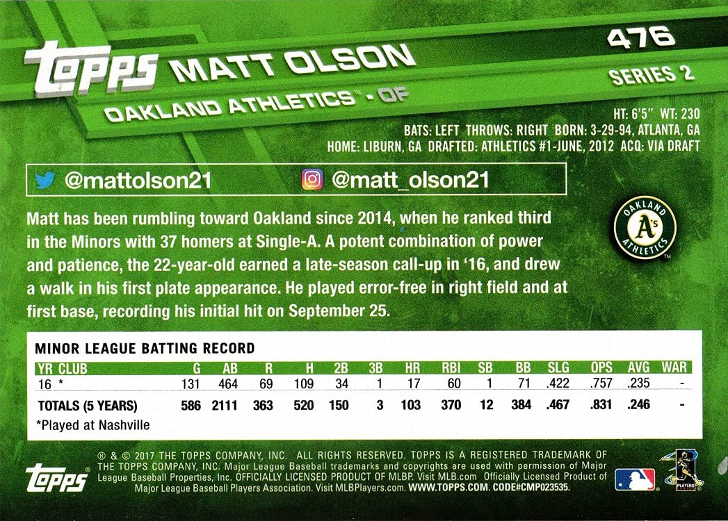 2017 Topps Baseball #476 Matt Olson Rookie Card