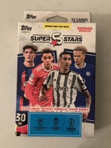 2022-23 topps uefa ucl superstars soccer factory sealed hanger box 32 cards (4 packs of 8 cards) chase rookie cards of an amazing rookie class