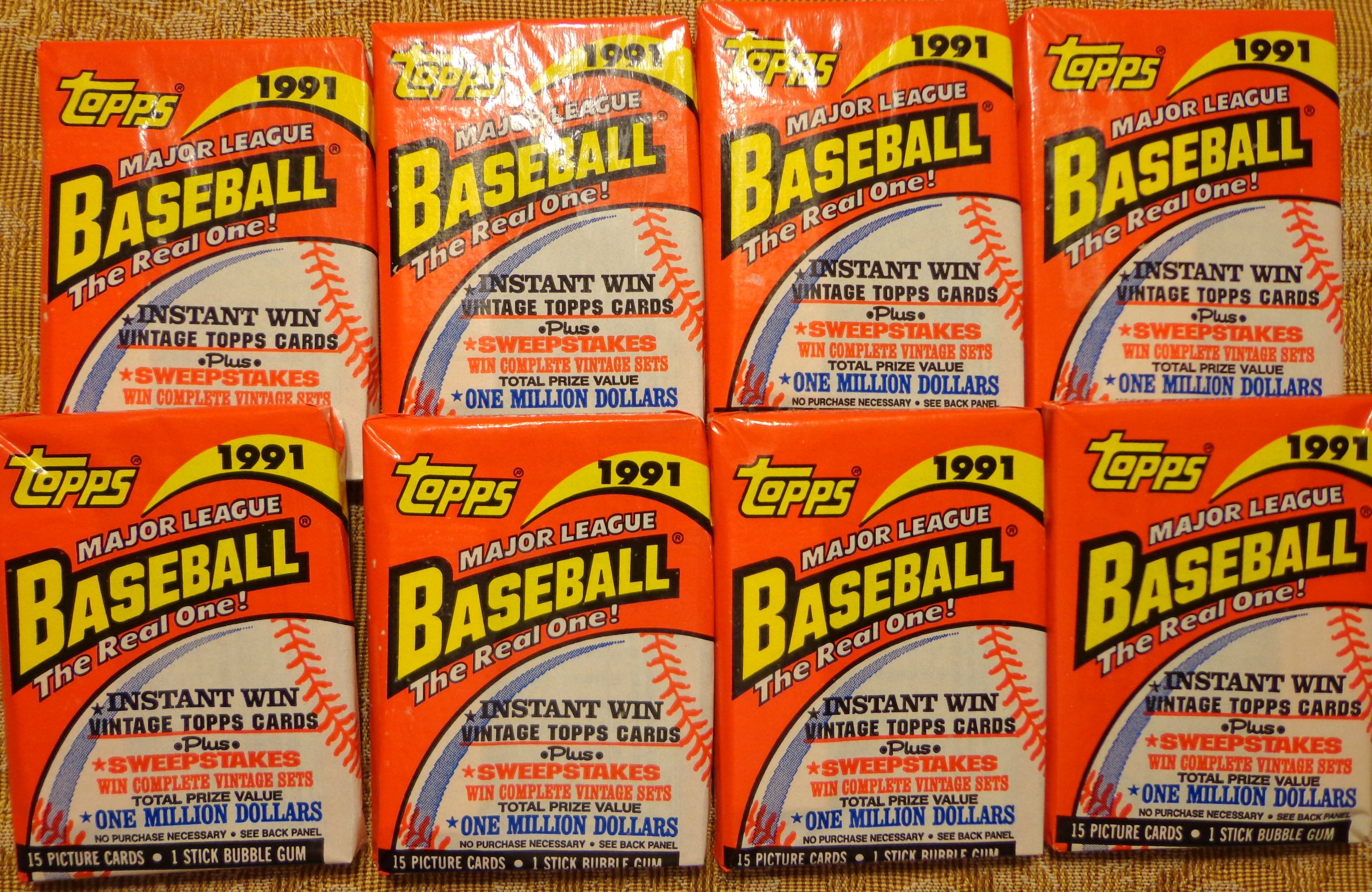 Super Deal! 8 Original, Un-opened Packs of 1991 TOPPS Baseball Cards. Look for the Atlanta Braves CHIPPER JONES ROOKIE CARD