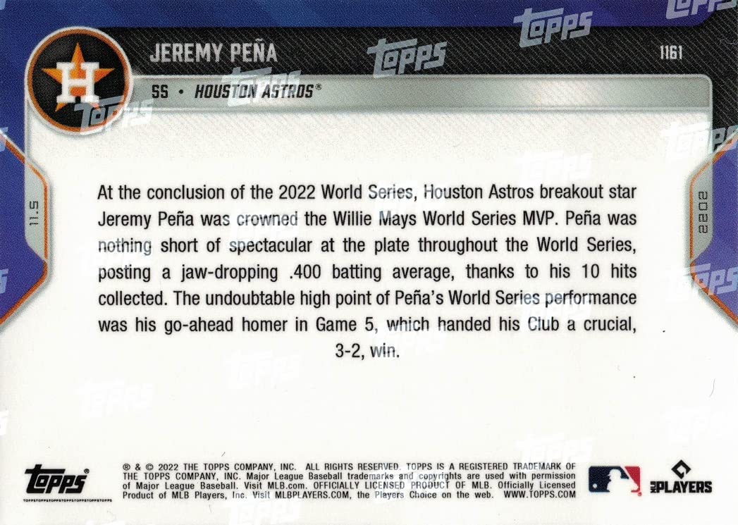 2022 Topps Now Baseball #1161 Jeremy Pena Rookie Card Astros - Wins World Series MVP Award