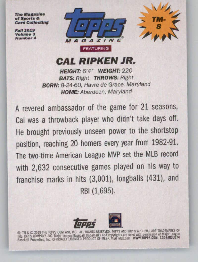 2019 Topps Archives Magazine #TM-8 Cal Ripken Jr. Baltimore Orioles MLB Baseball Trading Card