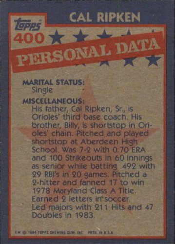 1984 Topps Baseball Card #400 Cal Ripken