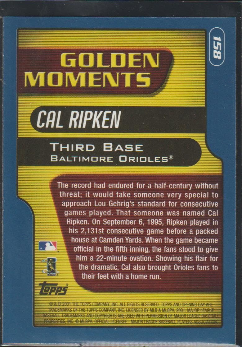 2001 Topps Cal Ripken Jr. Orioles Golden Moments Baseball Card #158