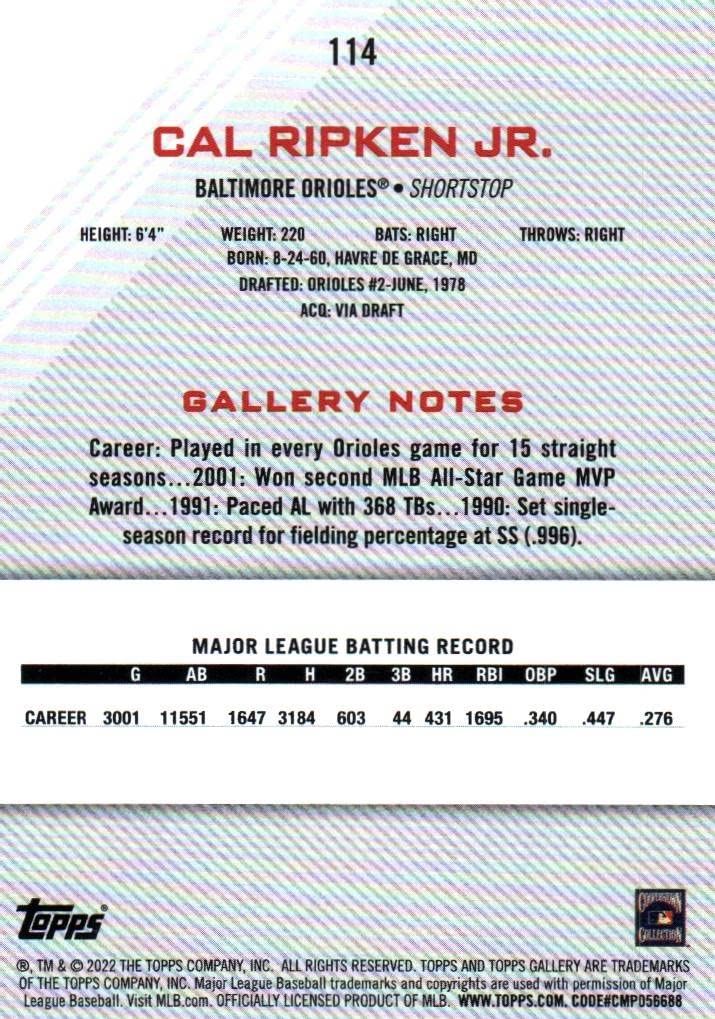 Cal Ripken Jr. Gallery Collectible Baseball Card- 2022 Topps Gallery Baseball Card #114 (Orioles) Free Shipping