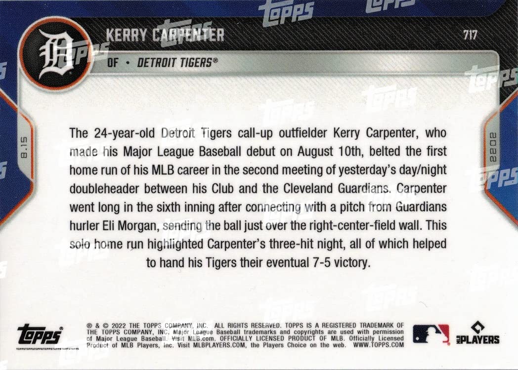 2022 Topps Now Baseball #717 Kerry Carpenter Pre-Rookie Card Tigers - Hits 1st Career Home Run