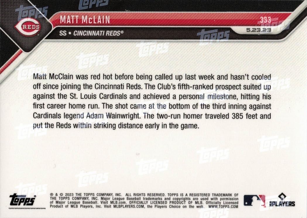 2023 Topps Now Baseball #333 Matt McLain Rookie Card Reds - 1st Career Home Run