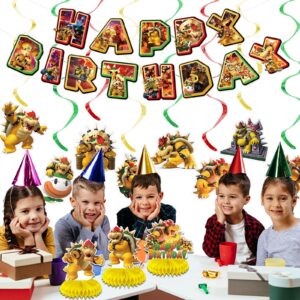 Mario Bowser Birthday Party Decorations, Include Banner,Hanging Swirls and Table Decorations Honeycomb Centerpieces for Cartoon Bowser Party Supplies.