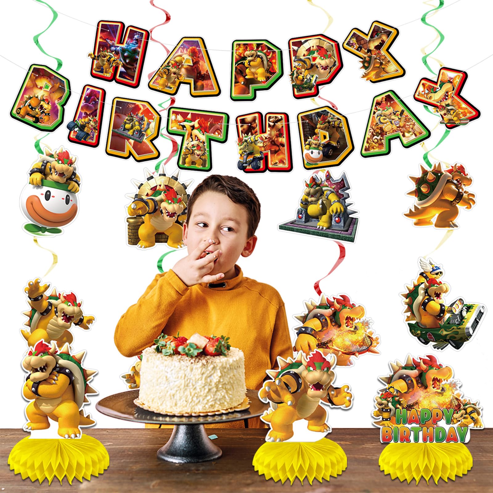 Mario Bowser Birthday Party Decorations, Include Banner,Hanging Swirls and Table Decorations Honeycomb Centerpieces for Cartoon Bowser Party Supplies.