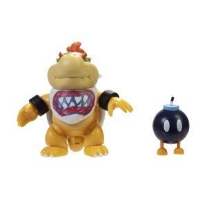 super mario bowser jr. 4-inch action figure with bob-omb accessory, poseable articulated collectible toys, perfect for kids & collectors alike! for ages 3+