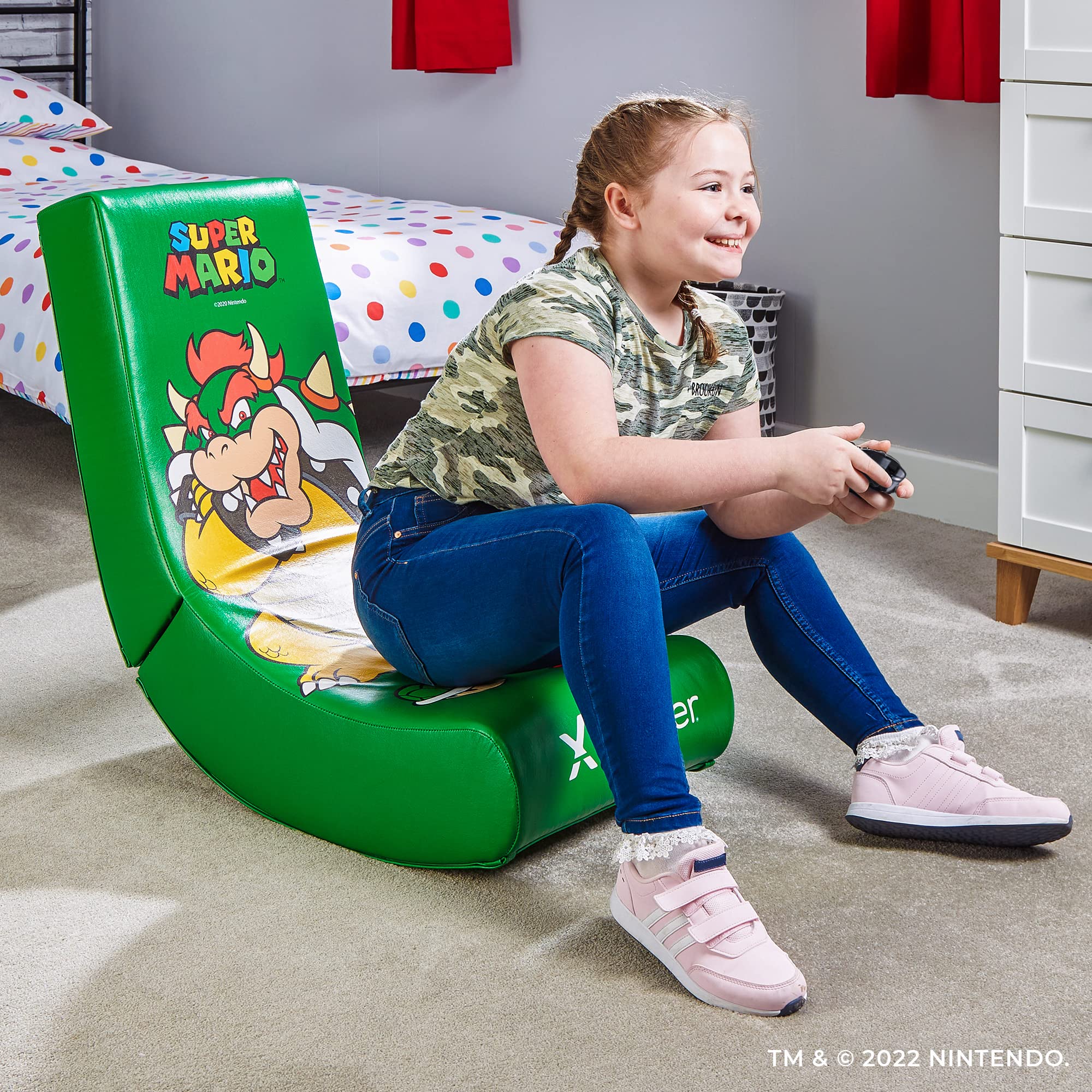 X Rocker Super Mario Bowser Video Gaming Floor Chair, Official All-Star Edition Nintendo Collectible, Faux Leather, Foldable, 5000401, 33.46" x 16.14" x 25.59", Bowser Green