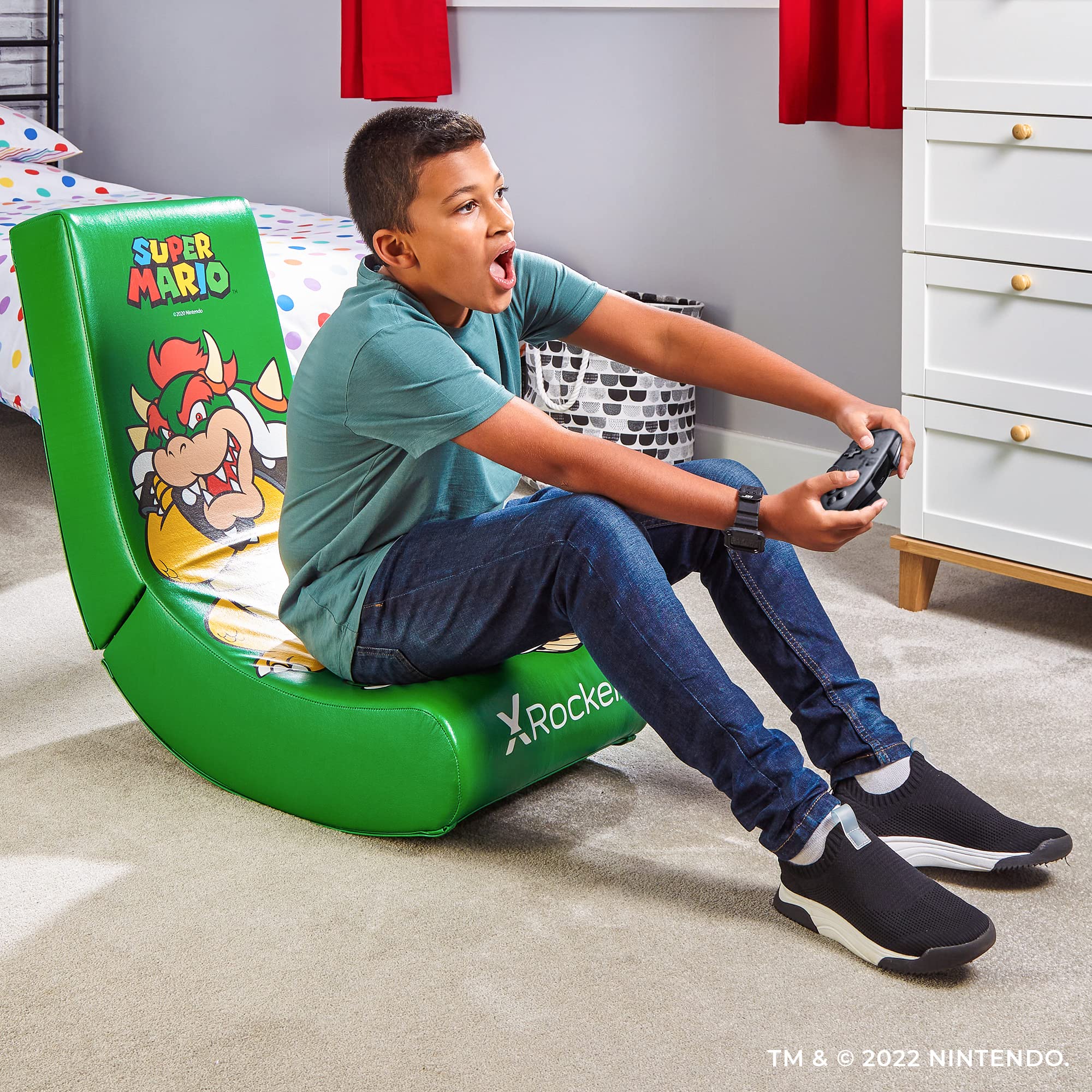 X Rocker Super Mario Bowser Video Gaming Floor Chair, Official All-Star Edition Nintendo Collectible, Faux Leather, Foldable, 5000401, 33.46" x 16.14" x 25.59", Bowser Green