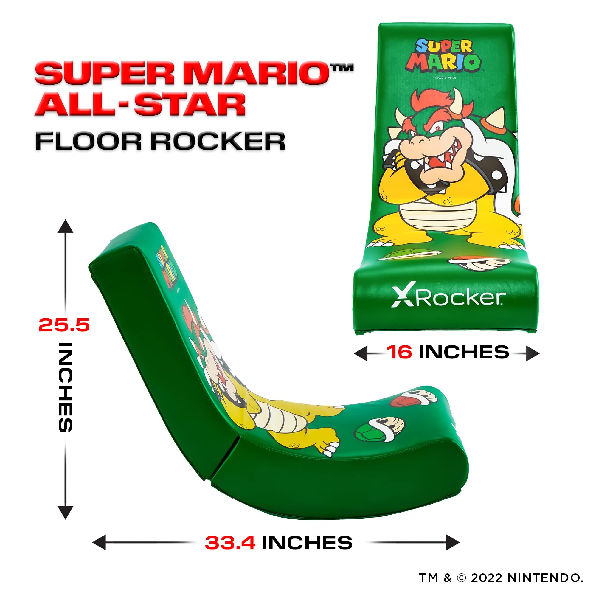 X Rocker Super Mario Bowser Video Gaming Floor Chair, Official All-Star Edition Nintendo Collectible, Faux Leather, Foldable, 5000401, 33.46" x 16.14" x 25.59", Bowser Green