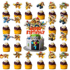 37pcs bowser cake decorations with 1pcs bowser cake topper, 36pcs cute cartoon cupcake toppers for girls birthday party decorations