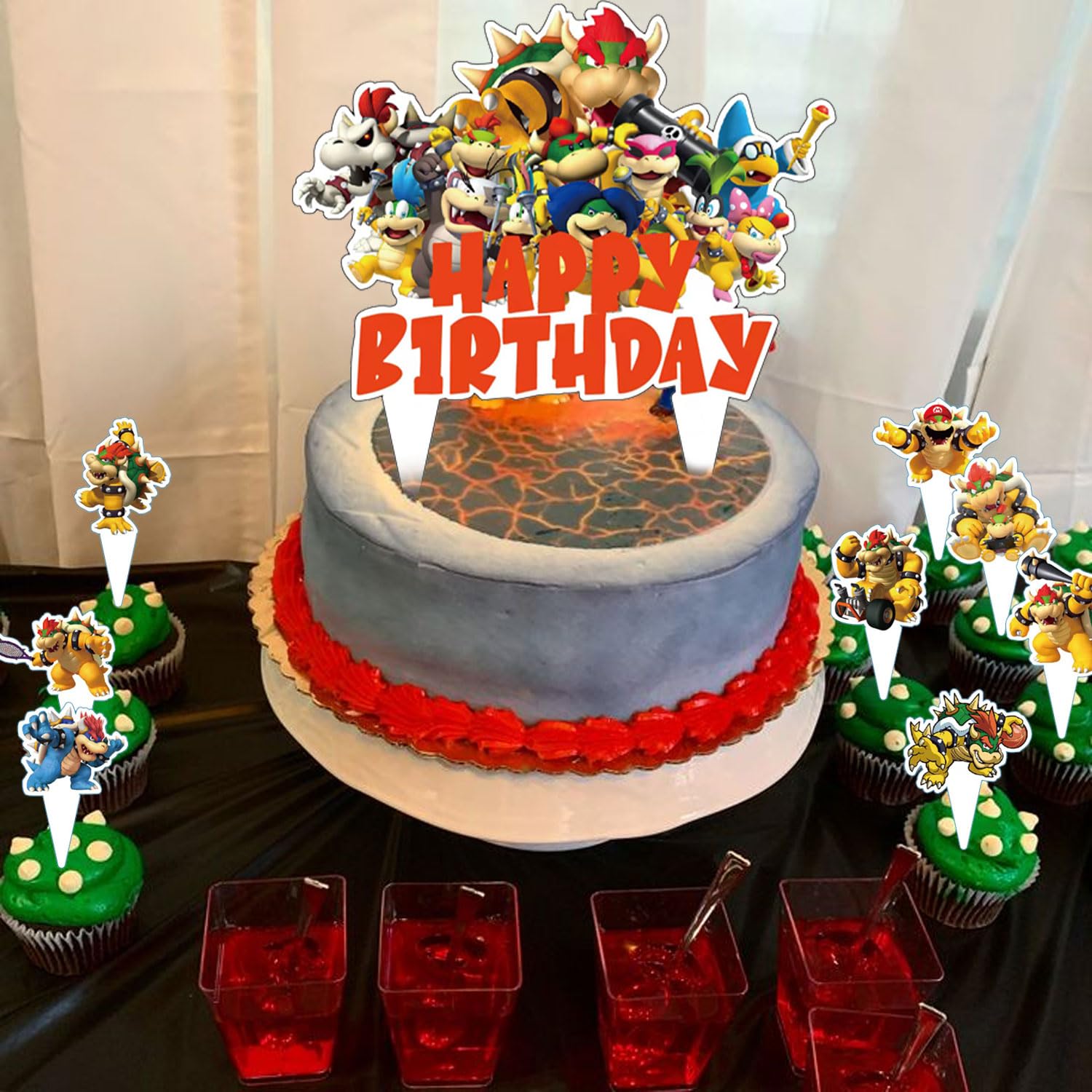 37pcs Bowser Cake Decorations with 1pcs Bowser Cake Topper, 36pcs Cute Cartoon Cupcake Toppers for Girls Birthday Party Decorations