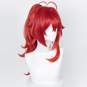 SL Red Ponytail Wig for Diluc Cosplay Wig Anime Long Curly Fluffy Pigtail Wigs with Bangs for Halloween Party + Cap (Red)