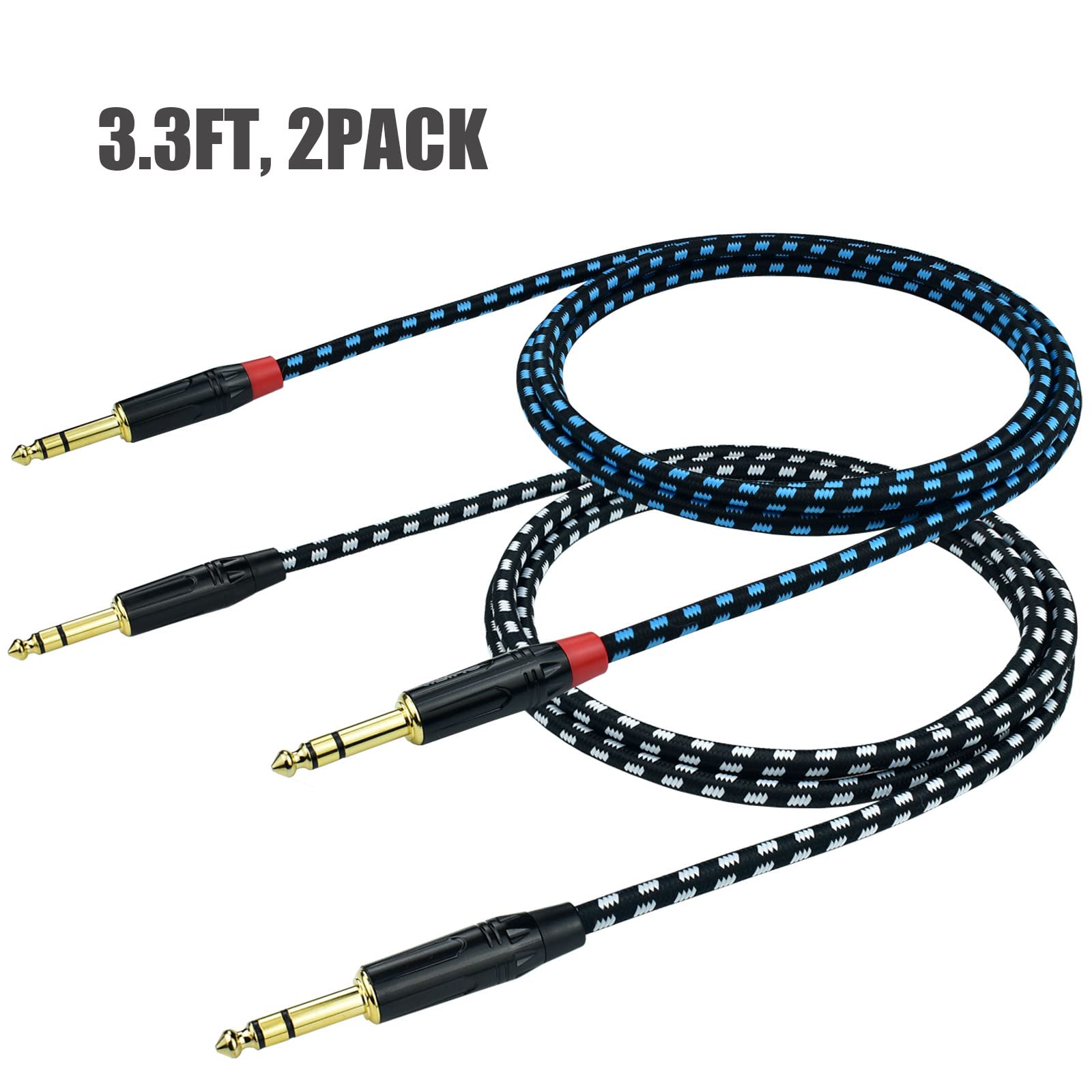 Mugteeve Balanced 1/4 Inch TRS to TRS Male Interconnect Patch Cable, 3.3FT Stereo Quarter Inch 6.35mm to 6.35mm Audio Cord, Nylon Braided Heavy Duty, for Interface, Mixer, Speaker - 2PACK