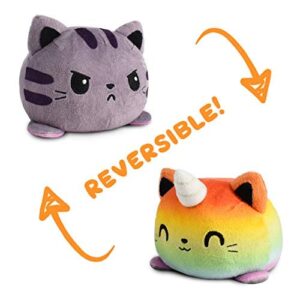 TeeTurtle - The Original Reversible Cat Plushie - Rainbow Kittencorn + Gray Tabby - Cute Sensory Fidget Stuffed Animals That Show Your Mood