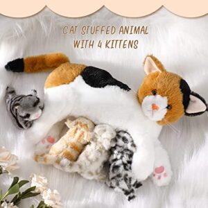 Nurturing Cat Stuffed Animal with Plush Kittens, Cat Baby Stuffed Animals for Girls and Boys Plushy Kitty Mommy Cat with 4 Baby Cats for Birthday Party Favors Gifts (Lovely Style)