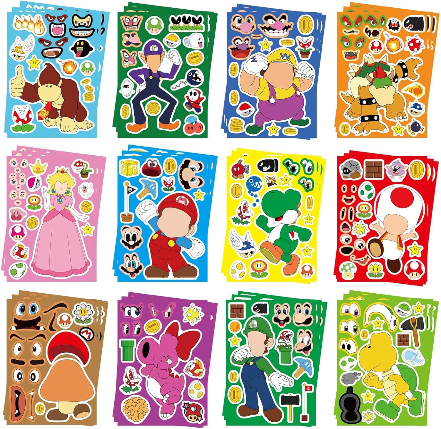 36PCS Mario Make a Face Stickers, DIY Mario Party Supplies Favors Make Your Own Stickers Mixed and Matched with Different Designs Characters for Birthday Gifts Class Reward Book Decor