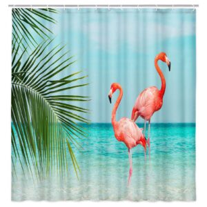 deecabin beach shower curtain with flamingo, blue teal sea pink flamingo bath curtain tropical theme nautical ocean shower curtain set with hooks, 70x70in (blue, 70x70)