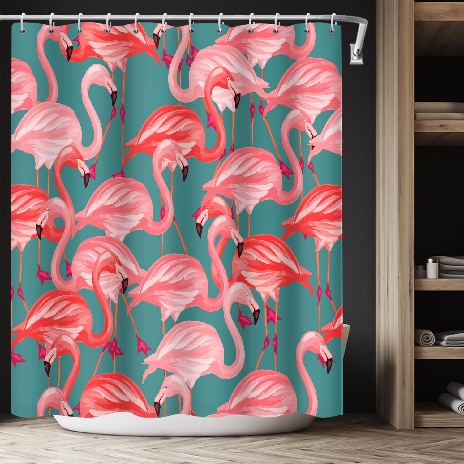 RiePoiia Flamingo Shower Curtain Aesthetic Green and Pink Tropical Shower Curtains Waterproof Polyester Fabric Bathroom Curtain for Decor with 12 Hooks 72 x 72 Inch