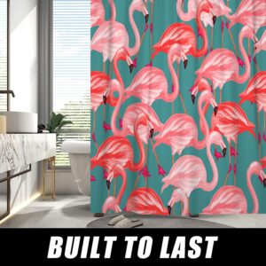 RiePoiia Flamingo Shower Curtain Aesthetic Green and Pink Tropical Shower Curtains Waterproof Polyester Fabric Bathroom Curtain for Decor with 12 Hooks 72 x 72 Inch