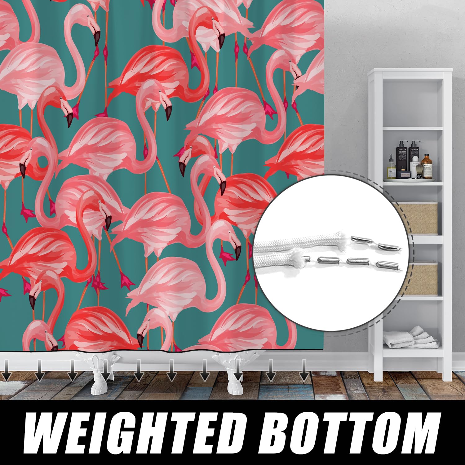 RiePoiia Flamingo Shower Curtain Aesthetic Green and Pink Tropical Shower Curtains Waterproof Polyester Fabric Bathroom Curtain for Decor with 12 Hooks 72 x 72 Inch