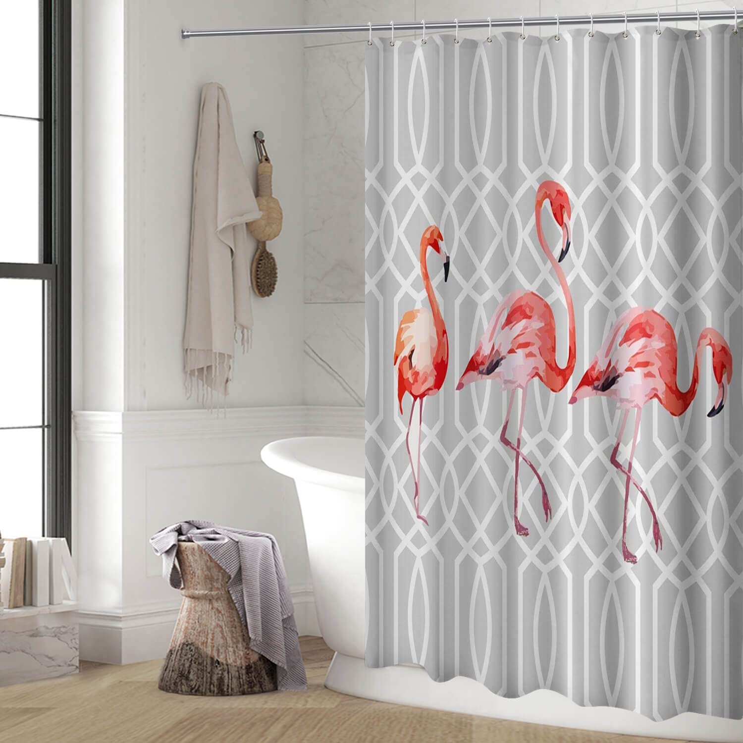 BROSHAN Flamingo Shower Curtains for Bathroom, Elegant Pink Bird Animal Geometric Art Decor Shower Curtain Gray and White 72x72 Inch, Modern Fabric Bathroom Decor Shower Curtain Set