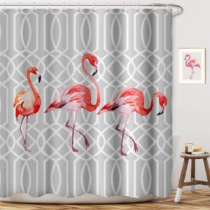 BROSHAN Flamingo Shower Curtains for Bathroom, Elegant Pink Bird Animal Geometric Art Decor Shower Curtain Gray and White 72x72 Inch, Modern Fabric Bathroom Decor Shower Curtain Set