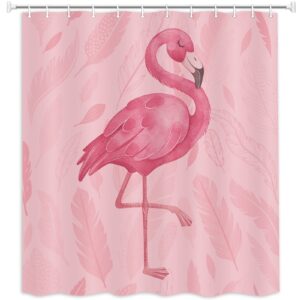 Pink Shower Curtain, Cute Flamingo Shower Curtains, Modern Art Boho Bath Curtains, Pink Bathroom Accessories Set 71x71 Inches