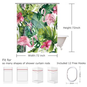 LIVILAN Tropical Shower Curtain, Green Shower Curtain, Flamingo Shower Curtains for Bathroom, Botanical Shower Curtain Set with 12 Hooks, Leaf Bathroom Decor, 72X72 inches