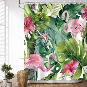 livilan tropical shower curtain, green shower curtain, flamingo shower curtains for bathroom, botanical shower curtain set with 12 hooks, leaf bathroom decor, 72x72 inches