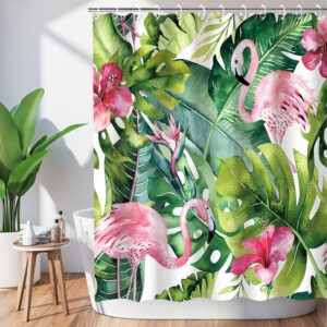 LIVILAN Tropical Shower Curtain, Green Shower Curtain, Flamingo Shower Curtains for Bathroom, Botanical Shower Curtain Set with 12 Hooks, Leaf Bathroom Decor, 72X72 inches