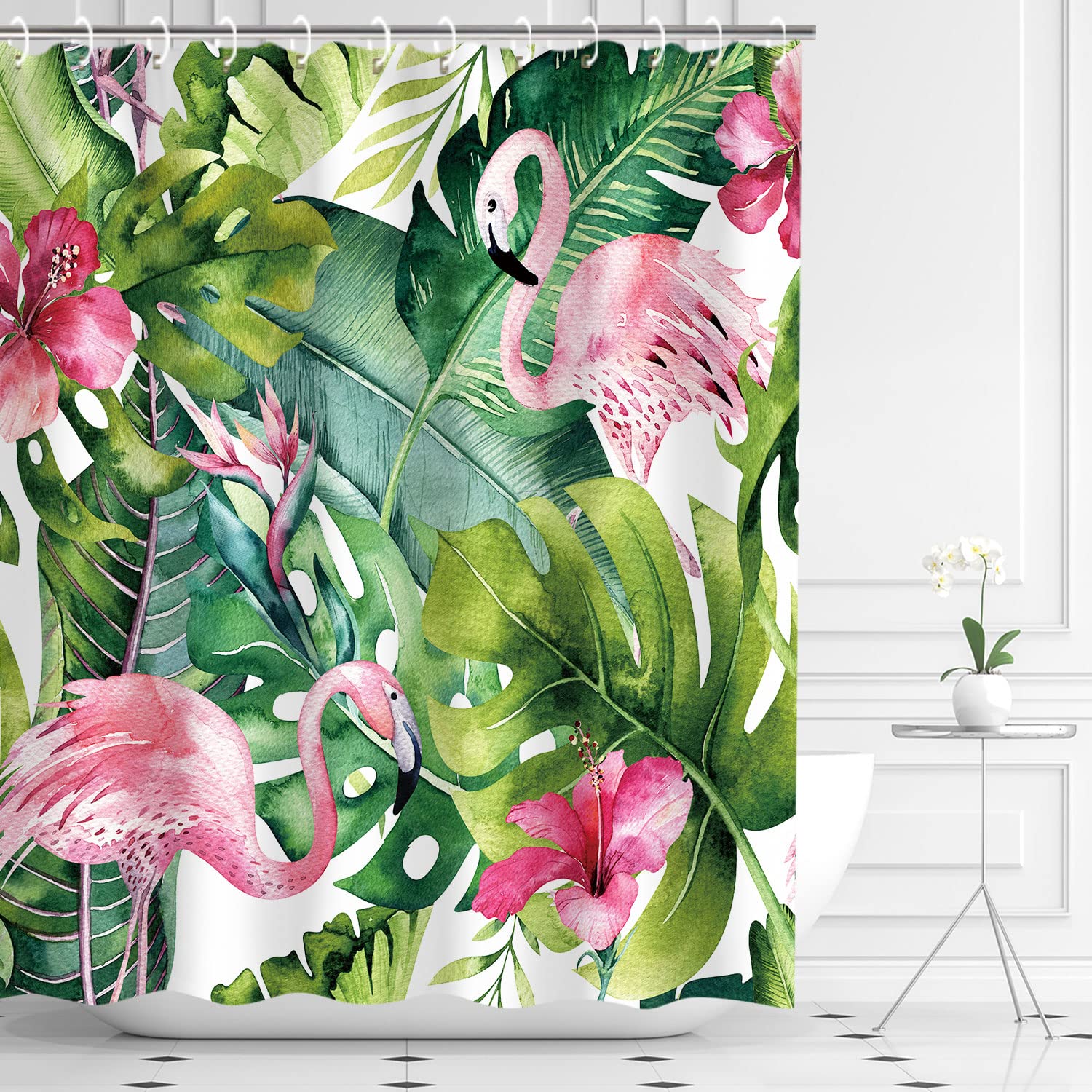 LIVILAN Tropical Shower Curtain, Green Shower Curtain, Flamingo Shower Curtains for Bathroom, Botanical Shower Curtain Set with 12 Hooks, Leaf Bathroom Decor, 72X72 inches