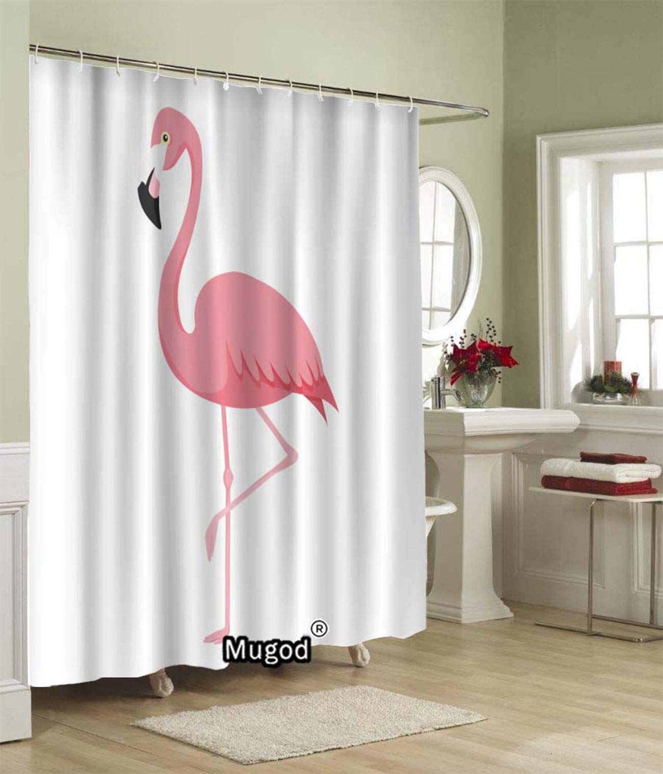 Mugod Flamingo Shower Curtains Pink Flamingo Vector Illustration Isolated on White Background Decorative Bathroom Waterproof Fabric Shower Curtain with 12 Hooks 60 x 72 Inches