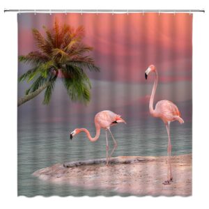 jemxwux pink flamingo shower curtain tropical palm tree ocean beach seaside coastal fantasy romantic fabric bathroom curtain set with hooks(70" wx70 h)