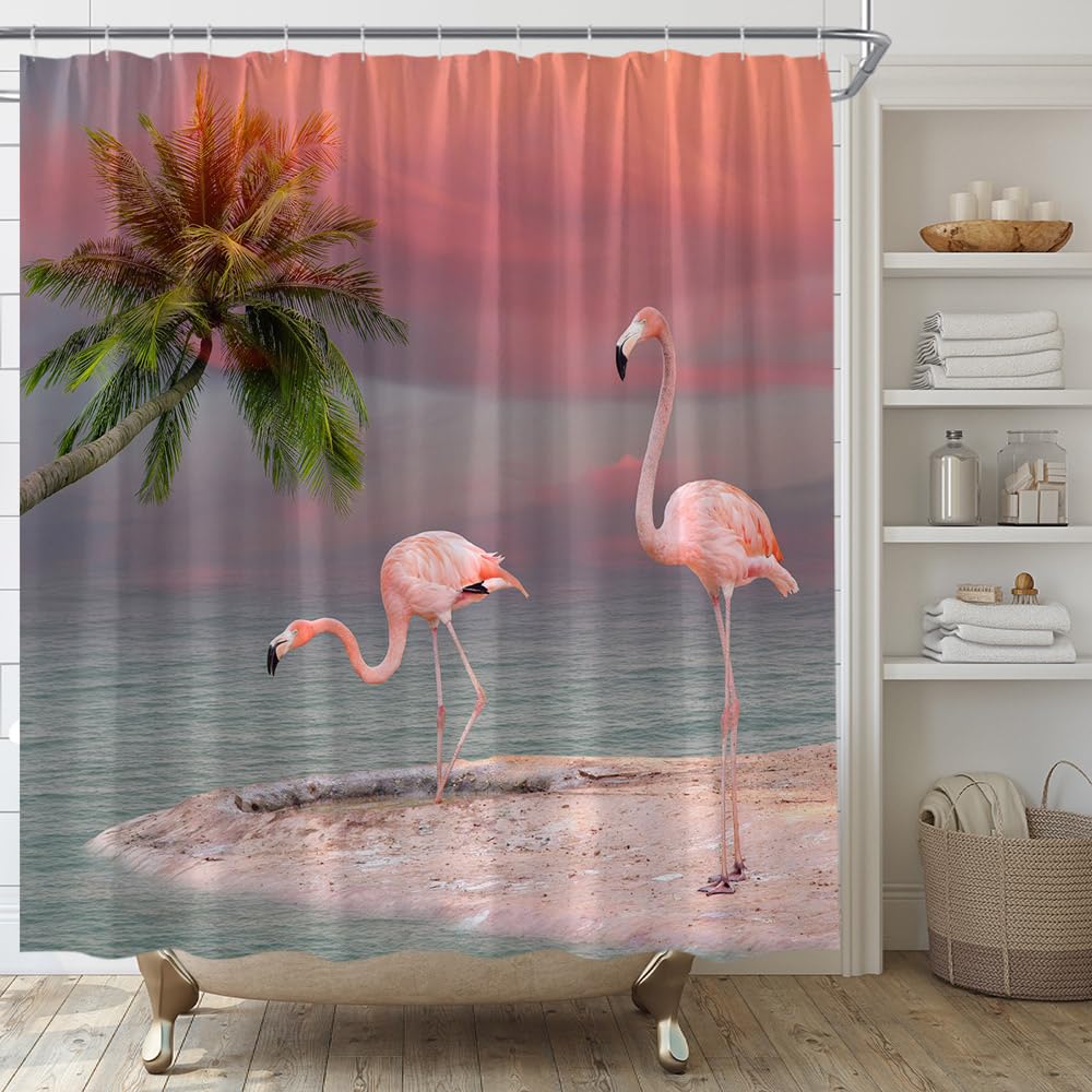 JEMXWUX Pink Flamingo Shower Curtain Tropical Palm Tree Ocean Beach Seaside Coastal Fantasy Romantic Fabric Bathroom Curtain Set with Hooks(70" WX70 H)