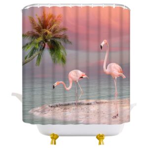 JEMXWUX Pink Flamingo Shower Curtain Tropical Palm Tree Ocean Beach Seaside Coastal Fantasy Romantic Fabric Bathroom Curtain Set with Hooks(70" WX70 H)