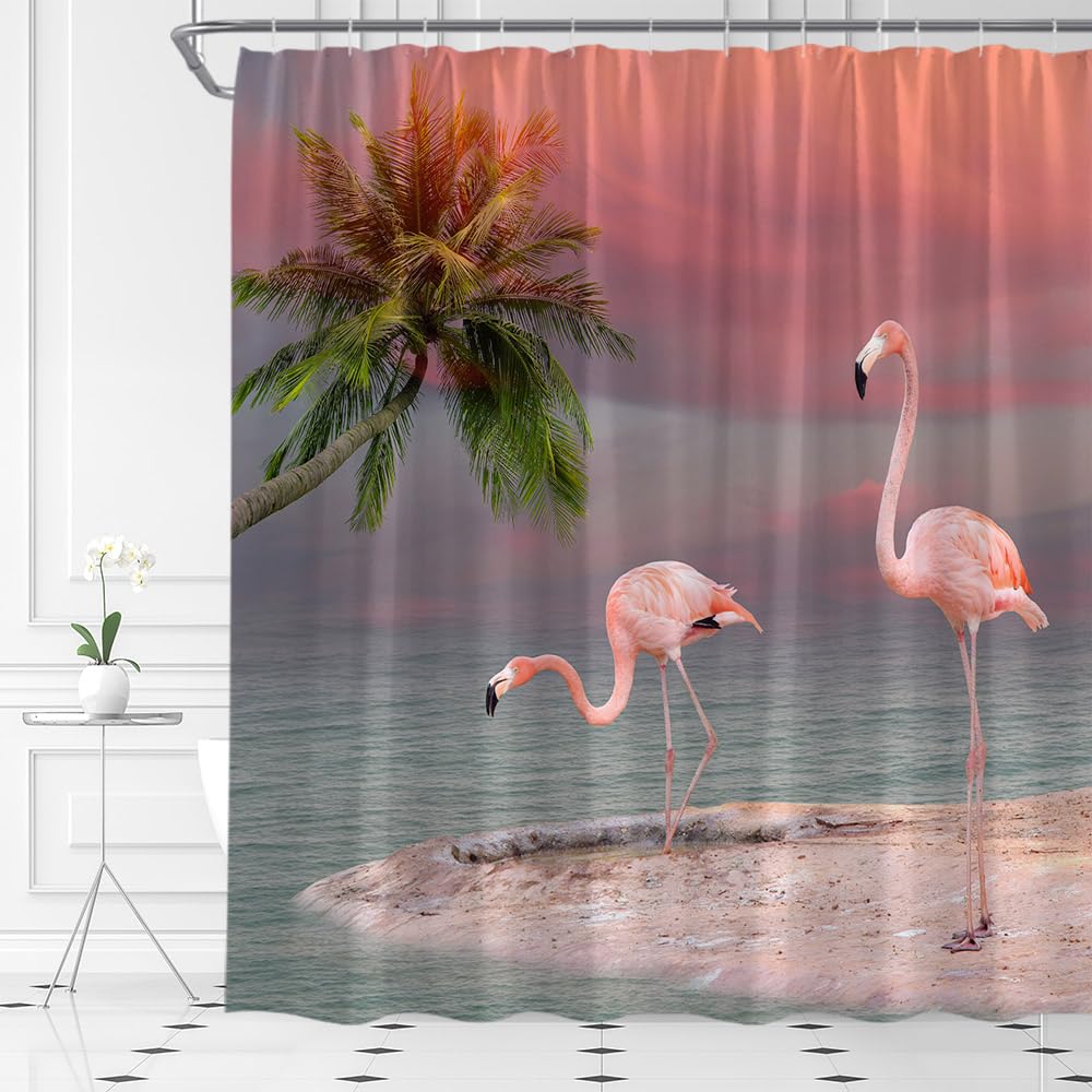 JEMXWUX Pink Flamingo Shower Curtain Tropical Palm Tree Ocean Beach Seaside Coastal Fantasy Romantic Fabric Bathroom Curtain Set with Hooks(70" WX70 H)