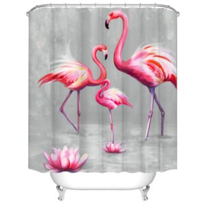 RnnJoile Flamingo Shower Curtains for Bathroom Tropical Shower Curtain Pink and Gray Fabric Bathroom Decor with Hooks 72"X72" Inches