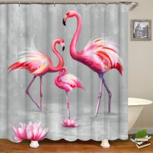 RnnJoile Flamingo Shower Curtains for Bathroom Tropical Shower Curtain Pink and Gray Fabric Bathroom Decor with Hooks 72"X72" Inches