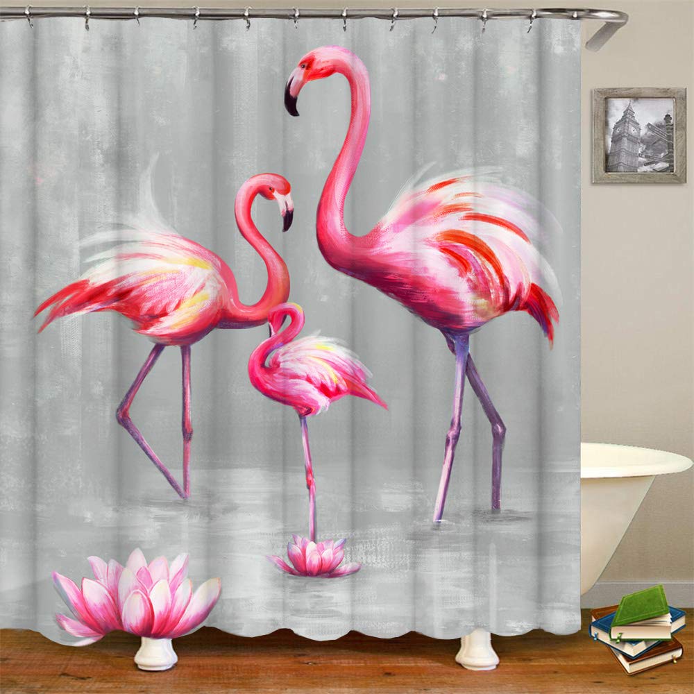 RnnJoile Flamingo Shower Curtains for Bathroom Tropical Shower Curtain Pink and Gray Fabric Bathroom Decor with Hooks 72"X72" Inches