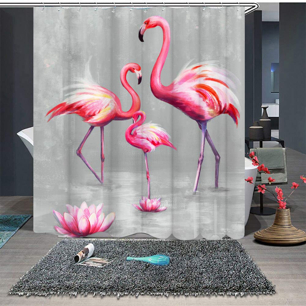 RnnJoile Flamingo Shower Curtains for Bathroom Tropical Shower Curtain Pink and Gray Fabric Bathroom Decor with Hooks 72"X72" Inches