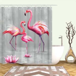 RnnJoile Flamingo Shower Curtains for Bathroom Tropical Shower Curtain Pink and Gray Fabric Bathroom Decor with Hooks 72"X72" Inches