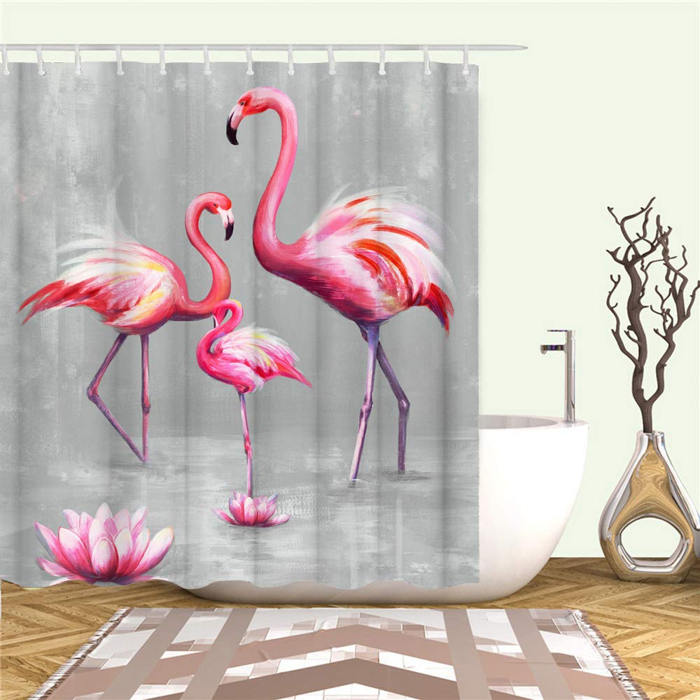 RnnJoile Flamingo Shower Curtains for Bathroom Tropical Shower Curtain Pink and Gray Fabric Bathroom Decor with Hooks 72"X72" Inches