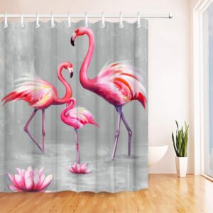 RnnJoile Flamingo Shower Curtains for Bathroom Tropical Shower Curtain Pink and Gray Fabric Bathroom Decor with Hooks 72"X72" Inches